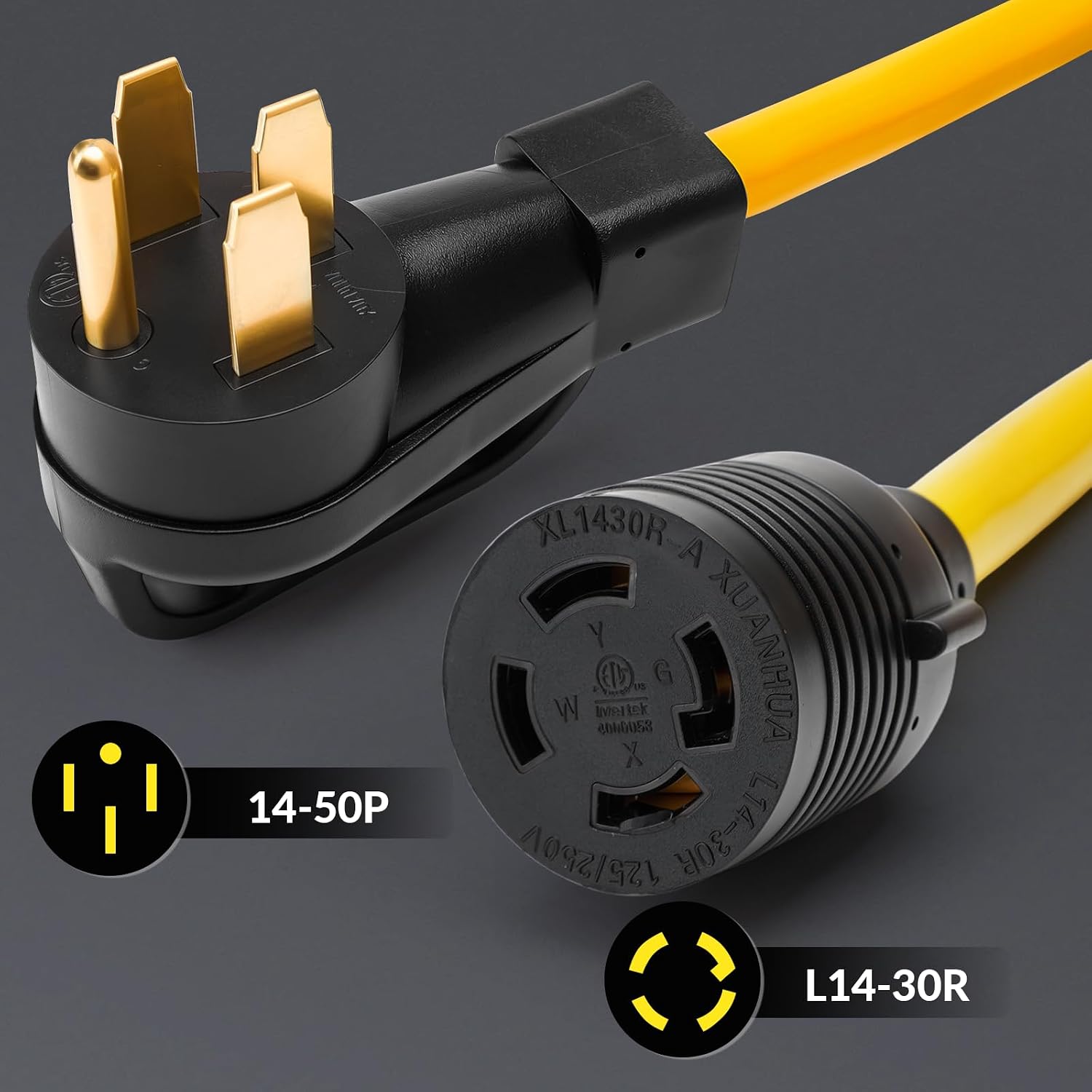 50 Amp to 30 Amp 4-Prongs Locking Generator Transfer Switch Adapter Cord, 50Amp Male to 30Amp Female, NEMA 14-50P to