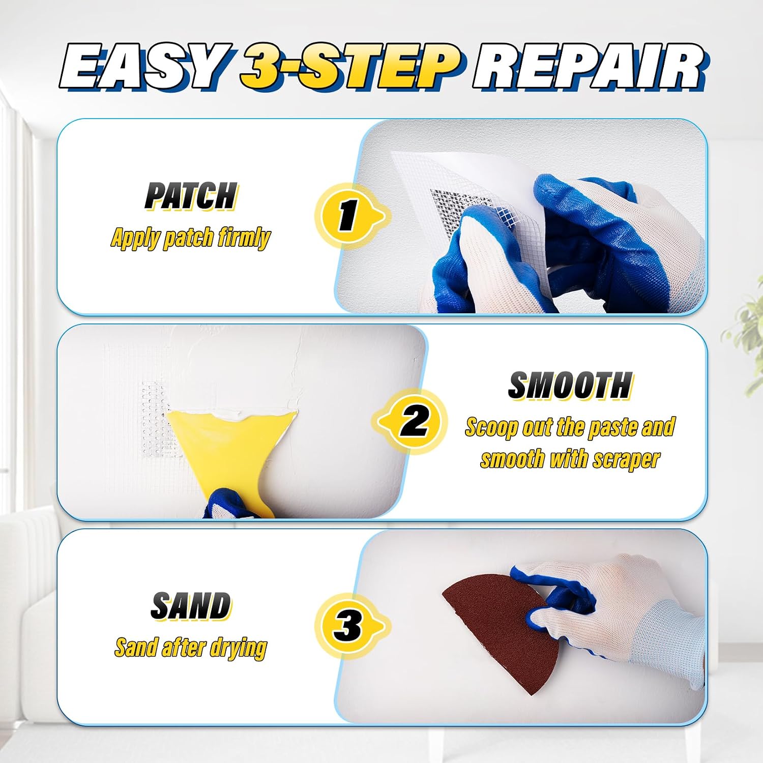 16-Piece Drywall Repair Kit, White Touch Up Paste with Mesh Patches | 2 Jars of Repair Putty, Self-Adhesive Mesh
