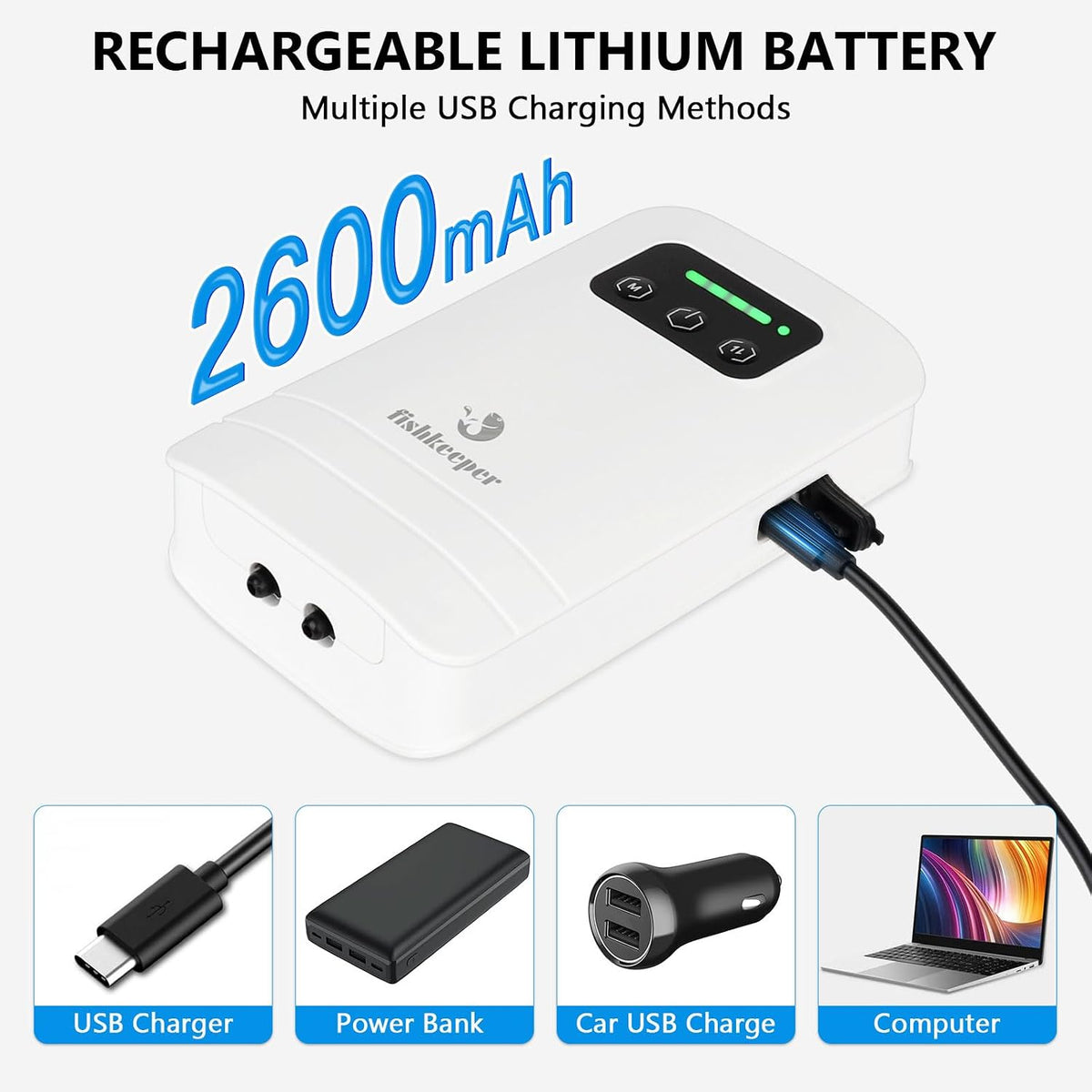 Battery Powered Aquarium Air Pump, USB Rechargeable Aerator Fish Tank Air Pump for 5-125 Gallons Portable Oxygen Pump