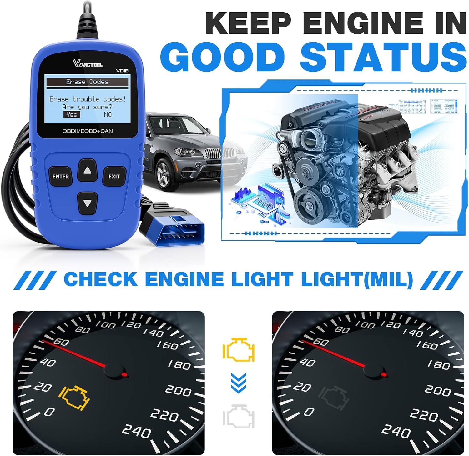 VD10 OBD2 Scanner Code Reader Car Diagnostic Tool Engine Fault Code Reader for Turn Off CEL with Freeze Frame/I/M