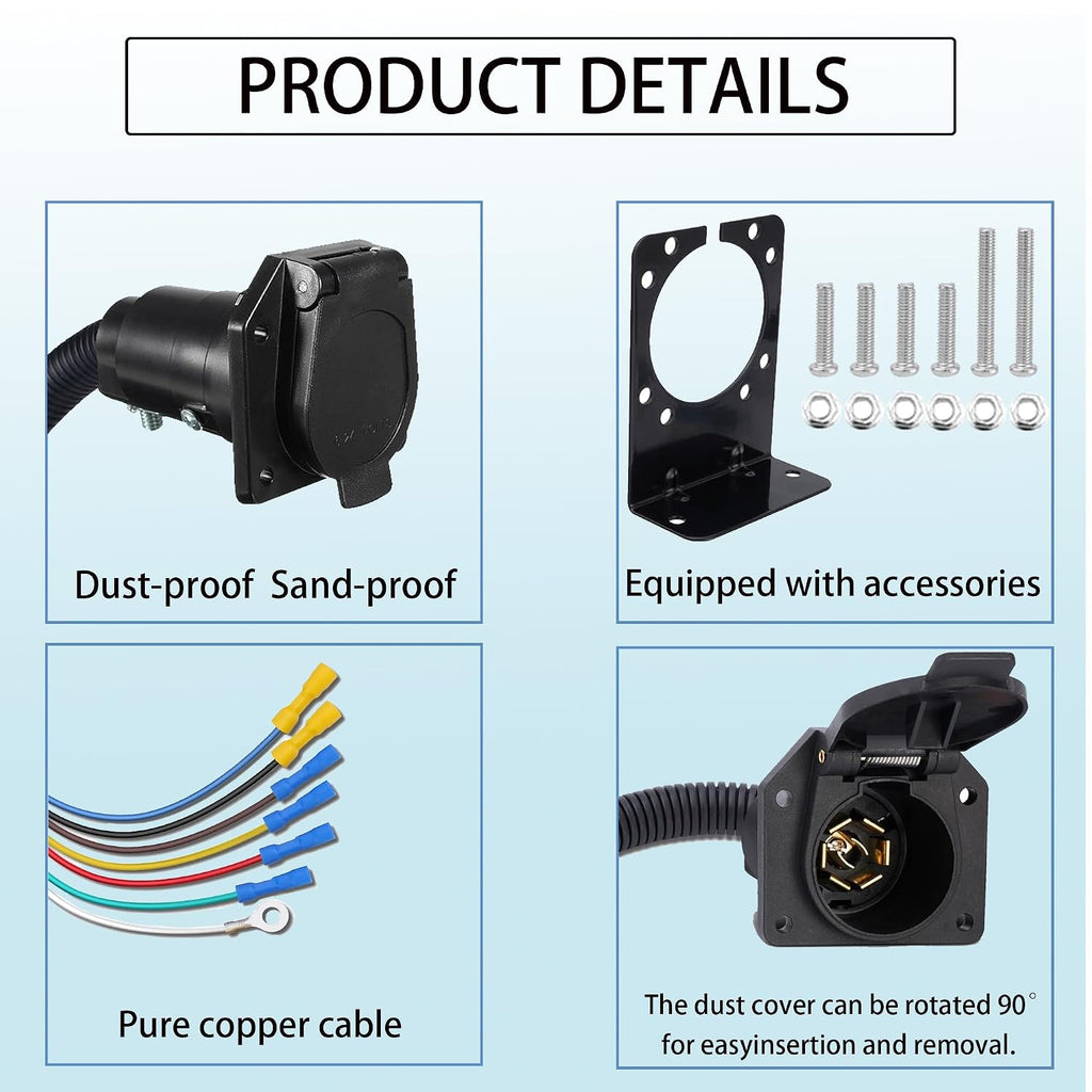 7 Way RV Trailer Light Connector Socket,7 Core Trailer Plug,7 Pin Truck Trailer Plug Quick Converter with Mounting