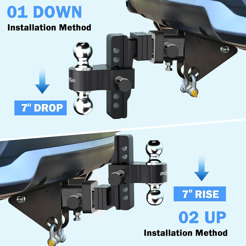 Adjustable Trailer Truck Drop Hitch - Fits 2 Inch Receiver Only, 6 Inch Drop Dual Ball Mount 2" and 2-5/16" Up to