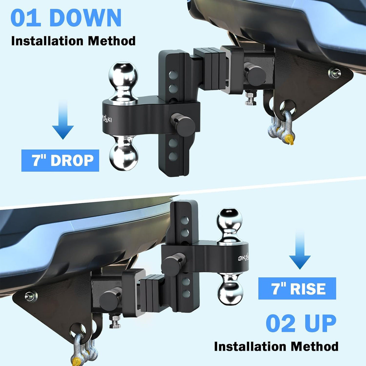 Adjustable Trailer Truck Drop Hitch - Fits 2 Inch Receiver Only, 6 Inch Drop Dual Ball Mount 2" and 2-5/16" Up to