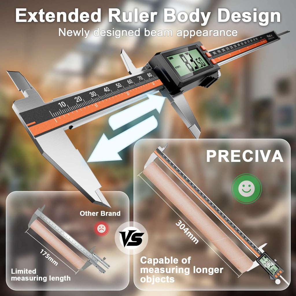Preciva Digital Caliper 12", Rechargeable Stainless Steel Micrometer