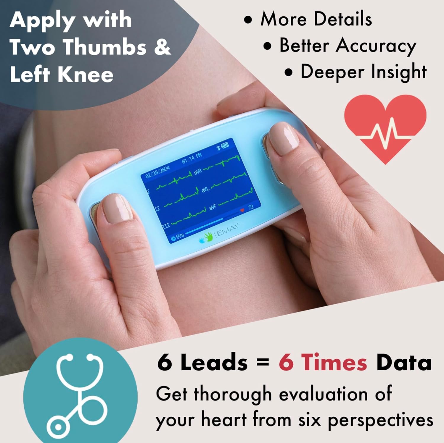 6L Portable ECG Monitor | Record ECG and Heart Rate in 6 Channels | Compatible with Smartphone and PC | No