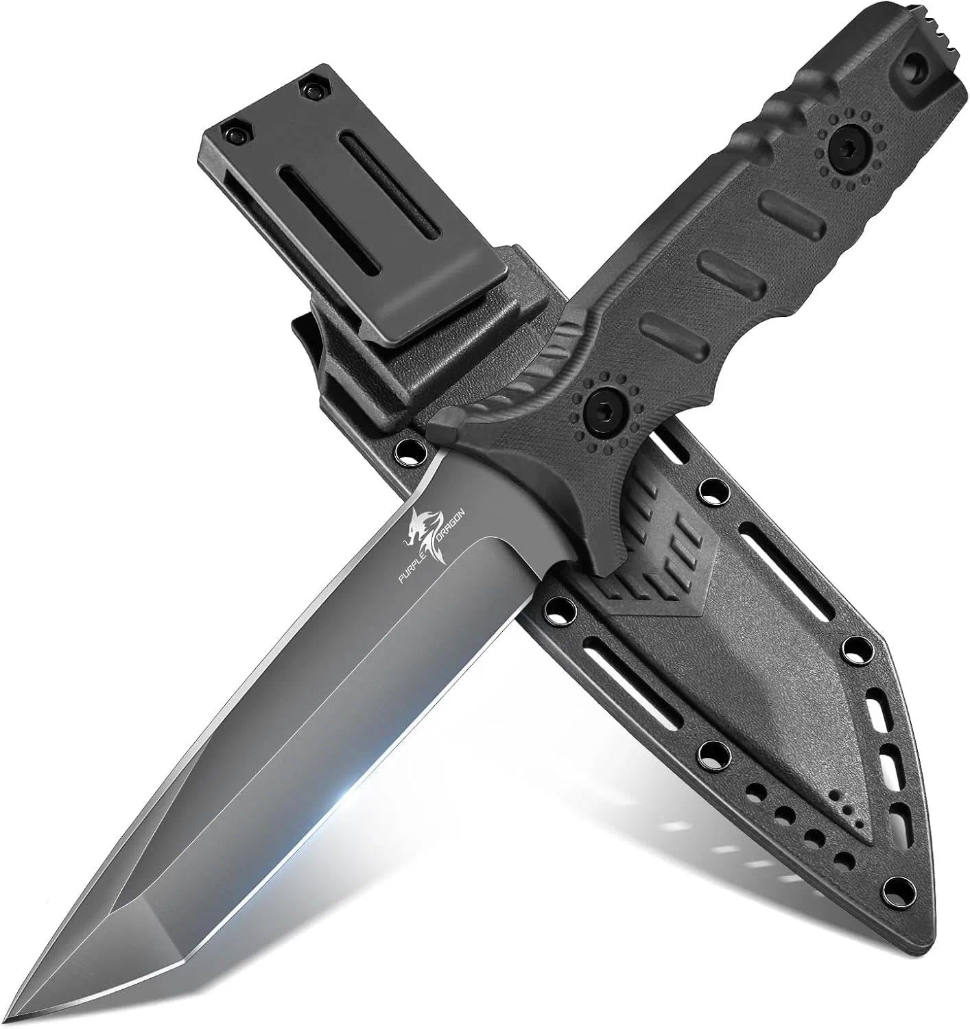 Full Tang Fixed Blade Tactical Knife with Sheath | High Carbon Steel Camping Knife with Ergonomic Black Handle, Built