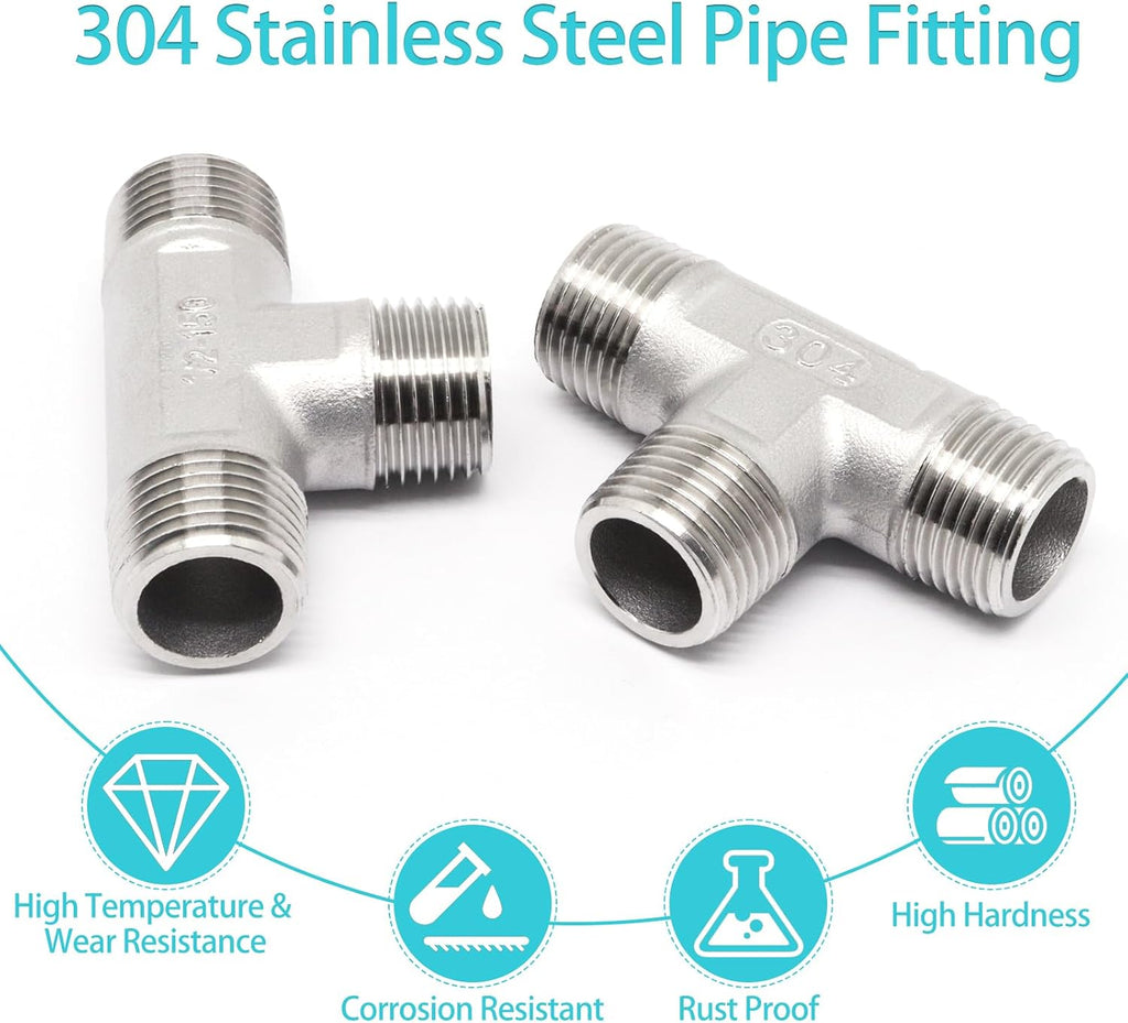 1/2" x 1/2" x 1/2" NPT Male Pipe Fitting, 304 Stainless Steel Tee Pipe Fittings, 3 Way T Shaped Tee Connector, 2 Pack