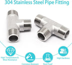 1/2" x 1/2" x 1/2" NPT Male Pipe Fitting, 304 Stainless Steel Tee Pipe Fittings, 3 Way T Shaped Tee Connector, 2 Pack