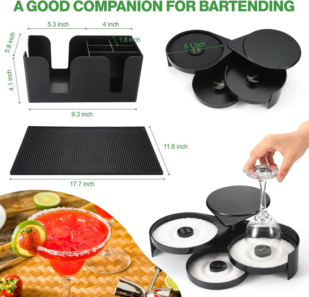 Bartending Supplies - 18" x 12" Bar Mat Garnish Tray with Lid Bar Caddy 3 Tier Bar Glass Rimmer, 2 Plastic Juice Pour