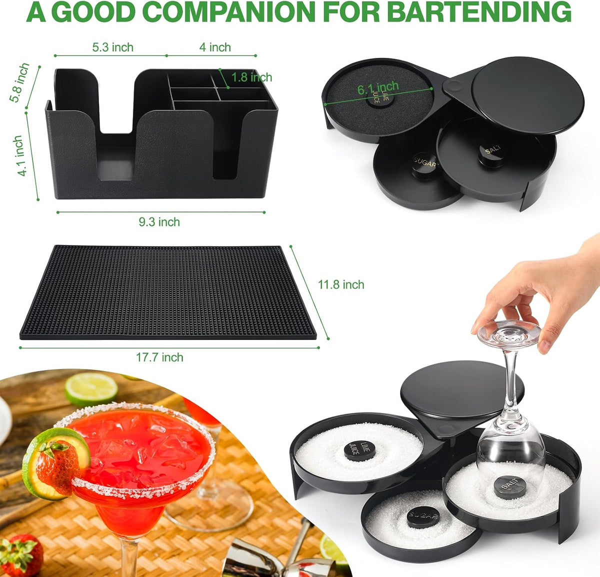 Bartending Supplies - 18" x 12" Bar Mat Garnish Tray with Lid Bar Caddy 3 Tier Bar Glass Rimmer, 2 Plastic Juice Pour