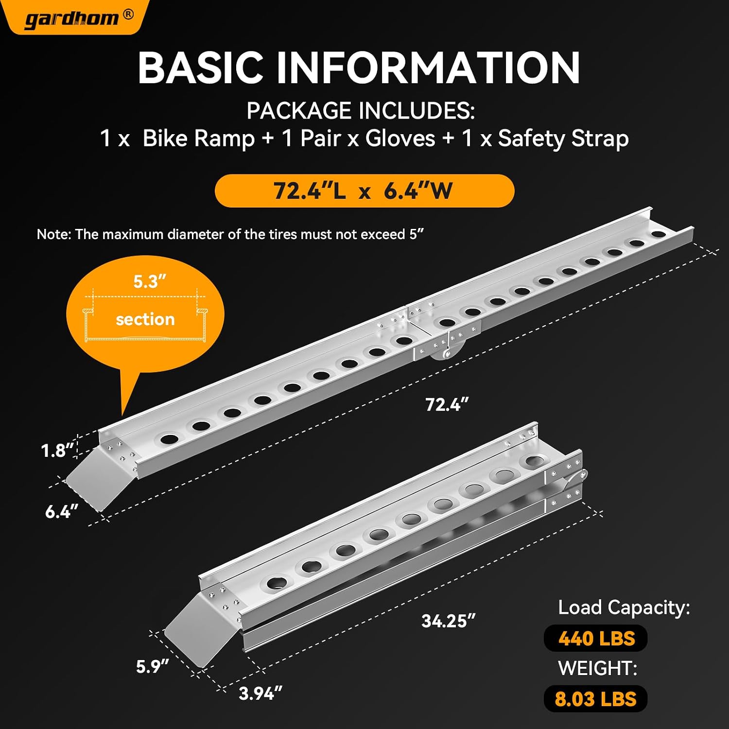 6FT Aluminum Folding Motorcycle Ramp for Dirt Bike, Loading Ramp | 440 LBS Capacity, Portable, Easy to Store, with
