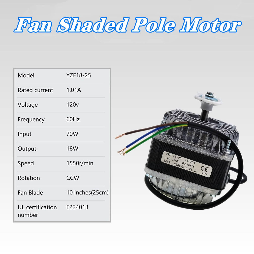 Shaded Pole Motor - 18W, 120V, 60Hz. for Small Ventilation and Refrigeration Equipment, Radiator and Evaporator. AC Fan Motor with Powerful 1.01A (YZF18-25)