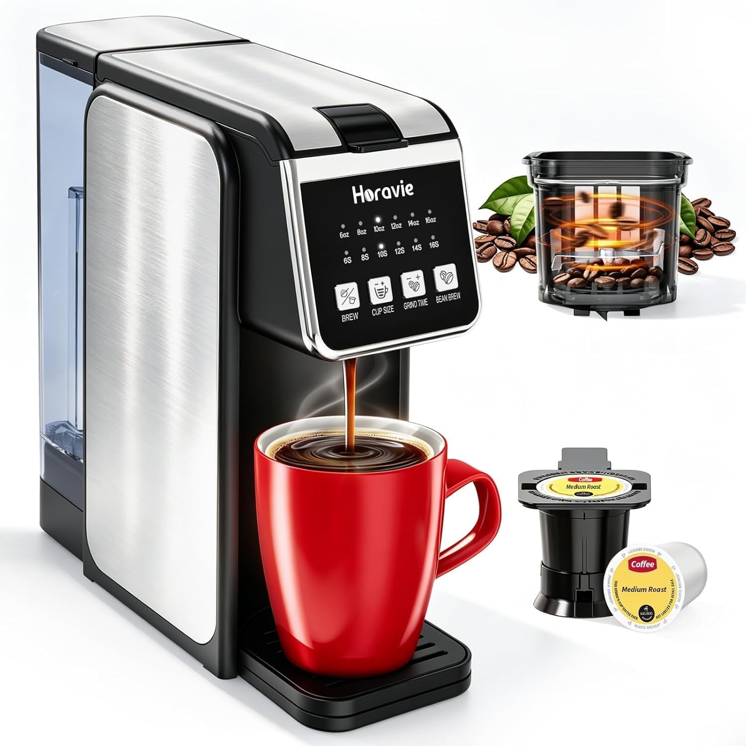 Single Serve Coffee Maker with Built-in Grinder, Fast Brew 6-16oz Single Cup for Whole Beans, Grounds, K Pod, Grind