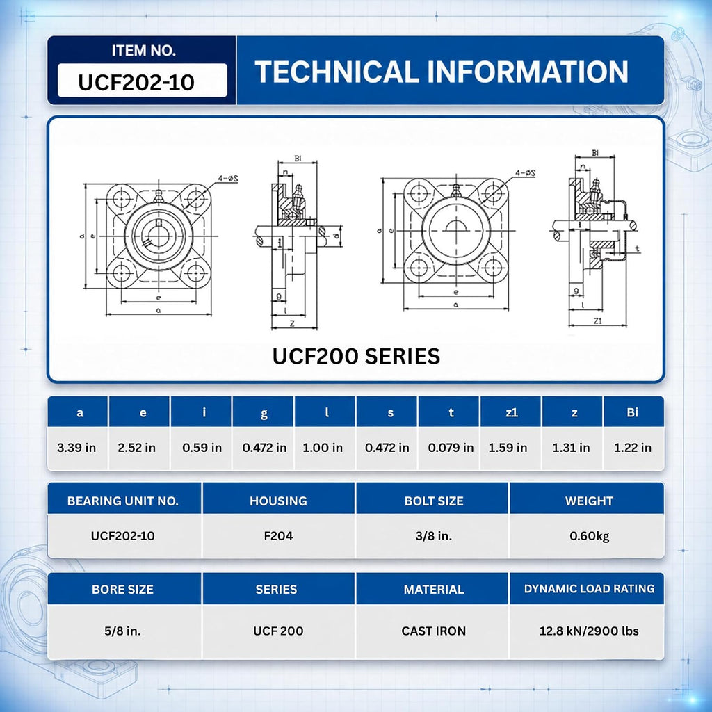 Jeremywell UCF202-10 Pillow Block Bearing (2 Pack), 5/8 inch Bore, Square, 4-Bolt Flange Mounted, Solid Base, Self-Alignment