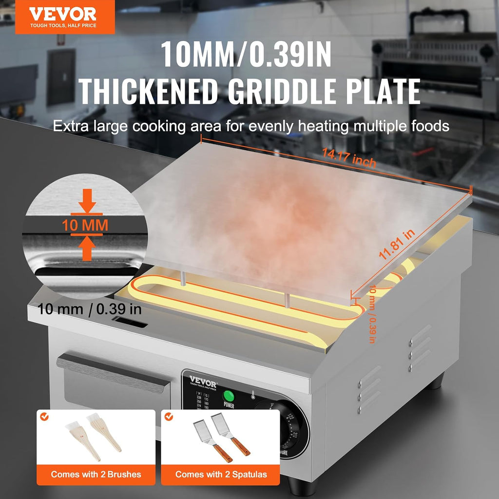 Commercial Electric Griddle, 14", Countertop Flat Top Griddle
