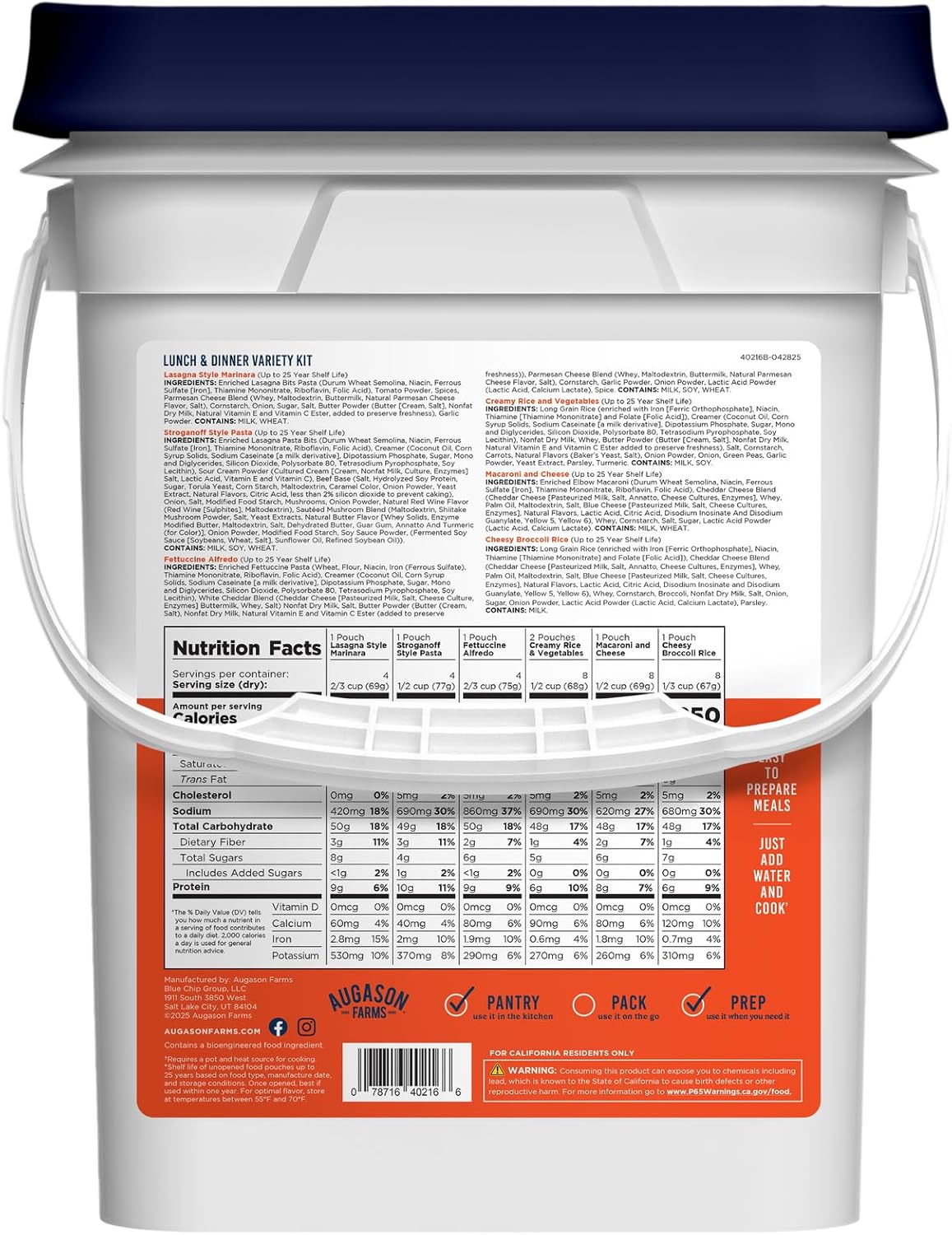 Lunch & Dinner Variety Kit Emergency Food Supply, 113 Servings, 25 Year Shelf Life - Dehydrated Meals, Survival Food