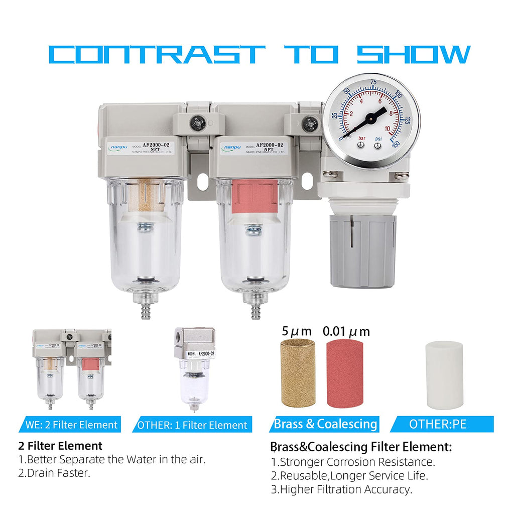 NANPU 1/4" NPT Air Drying System, 0.01-Micron Coalescing Filter Regulator