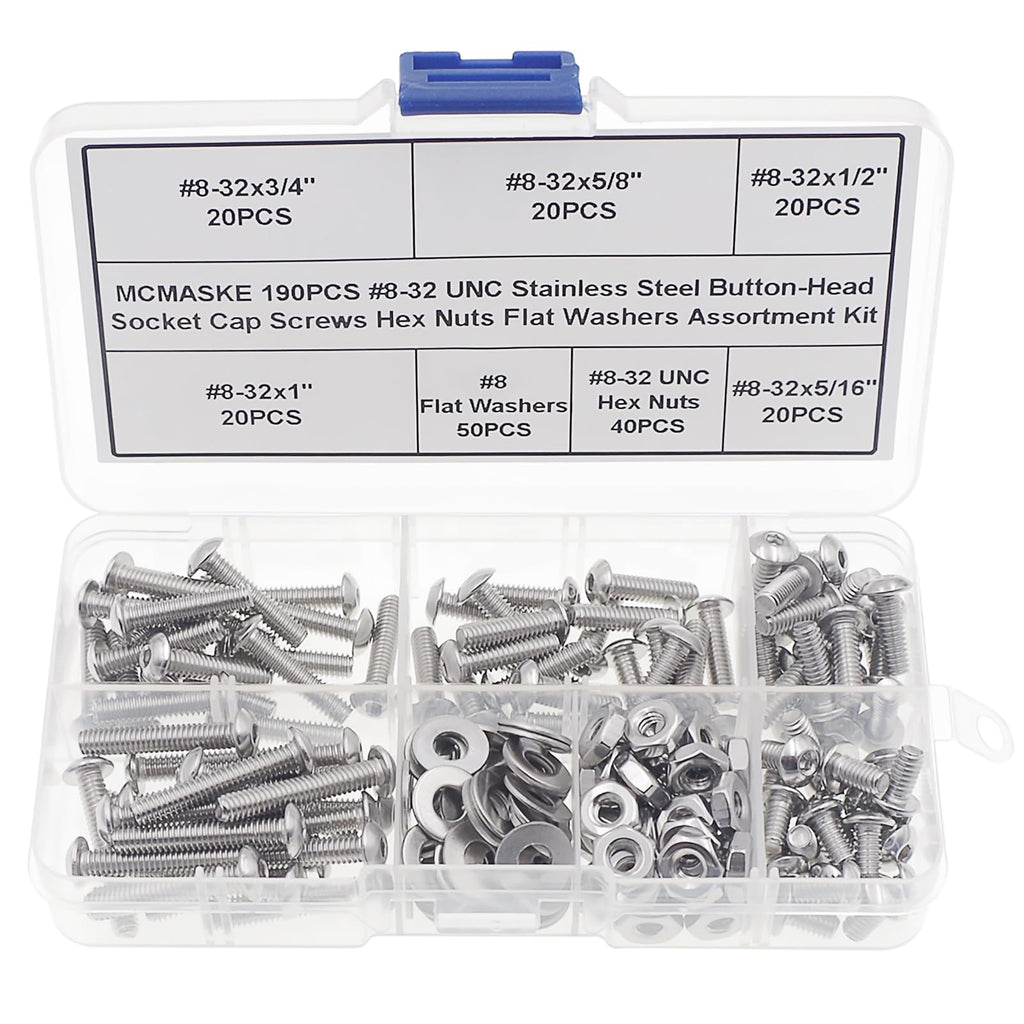 MCMASKE #8-32 UNC Stainless Steel Button-Head Socket Cap Screws Hex Nuts Flat Washers Assortment Kit