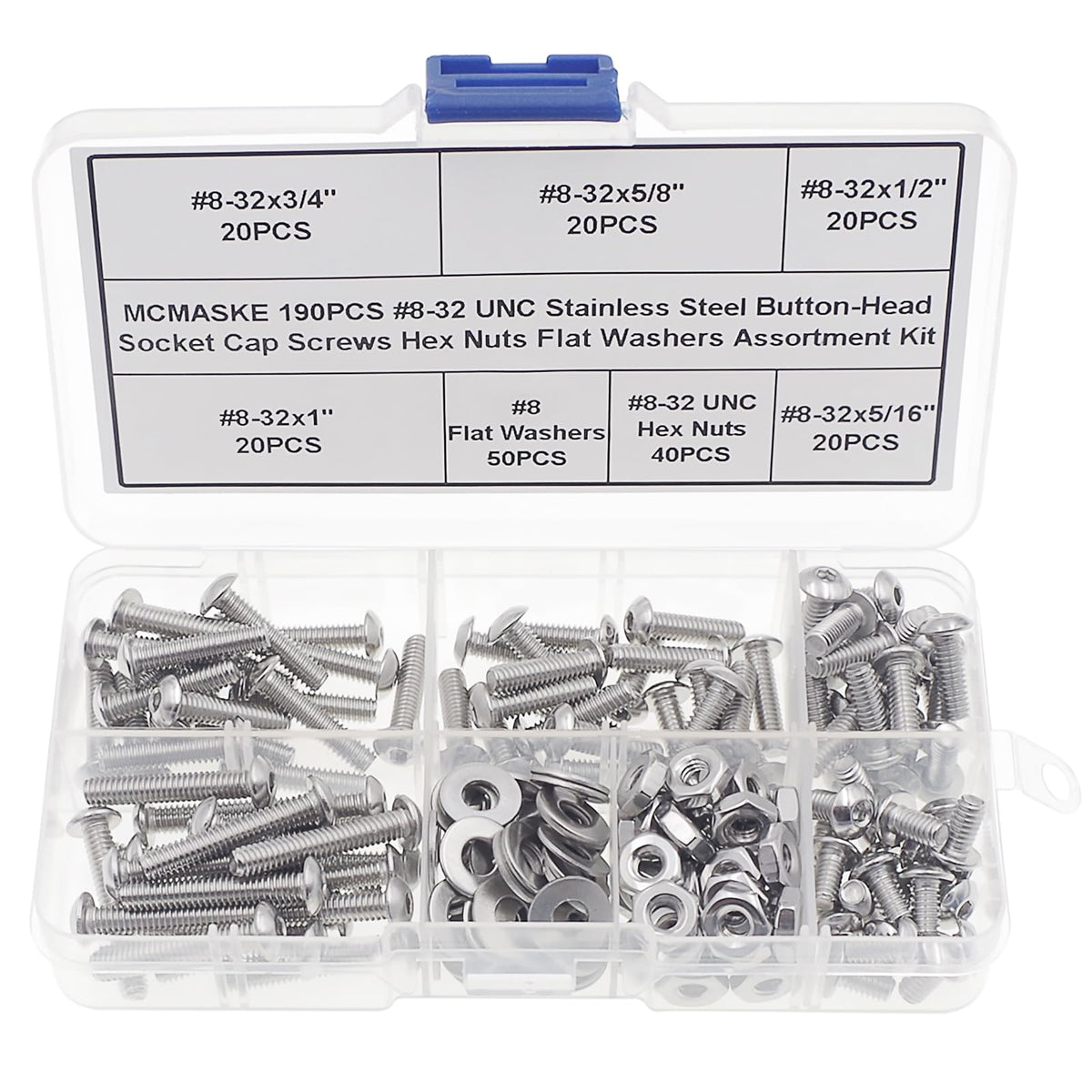 MCMASKE #8-32 UNC Stainless Steel Button-Head Socket Cap Screws Hex Nuts Flat Washers Assortment Kit