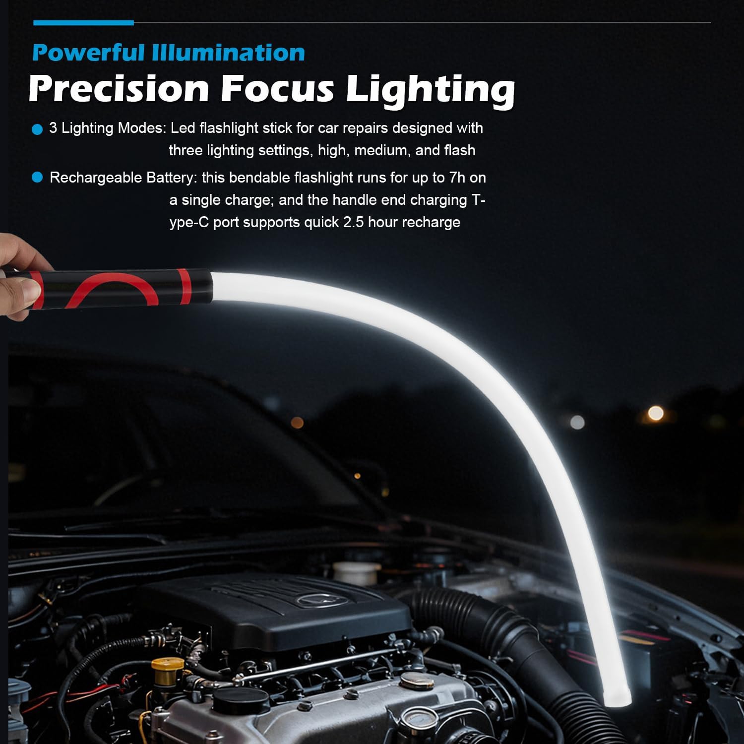 Flexible LED Flashlight Stick, 27" Bendable Mechanic Work Light High Lumen Professional Light 3 Lighting Modes