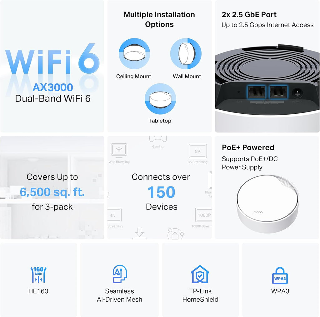 Deco X50 AX3000 Mesh WiFi System – Ceiling/Wall-Mountable WiFi 6 Mesh, Replaces Router/Access Point/Extender