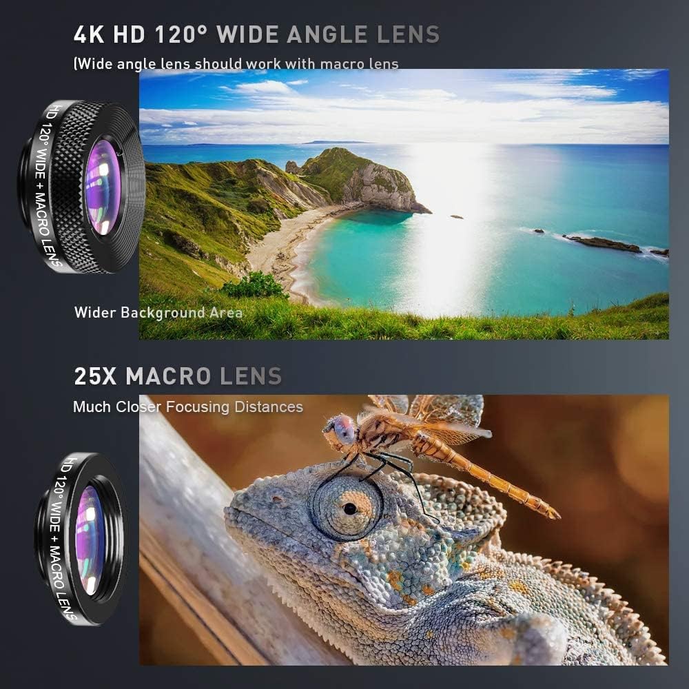6 in 1 Phone Lens Kit - 22x Telephoto Lens, 205° Fisheye Lens, 120° Wide Angle Lens & 25X Macro Lens(Screwed