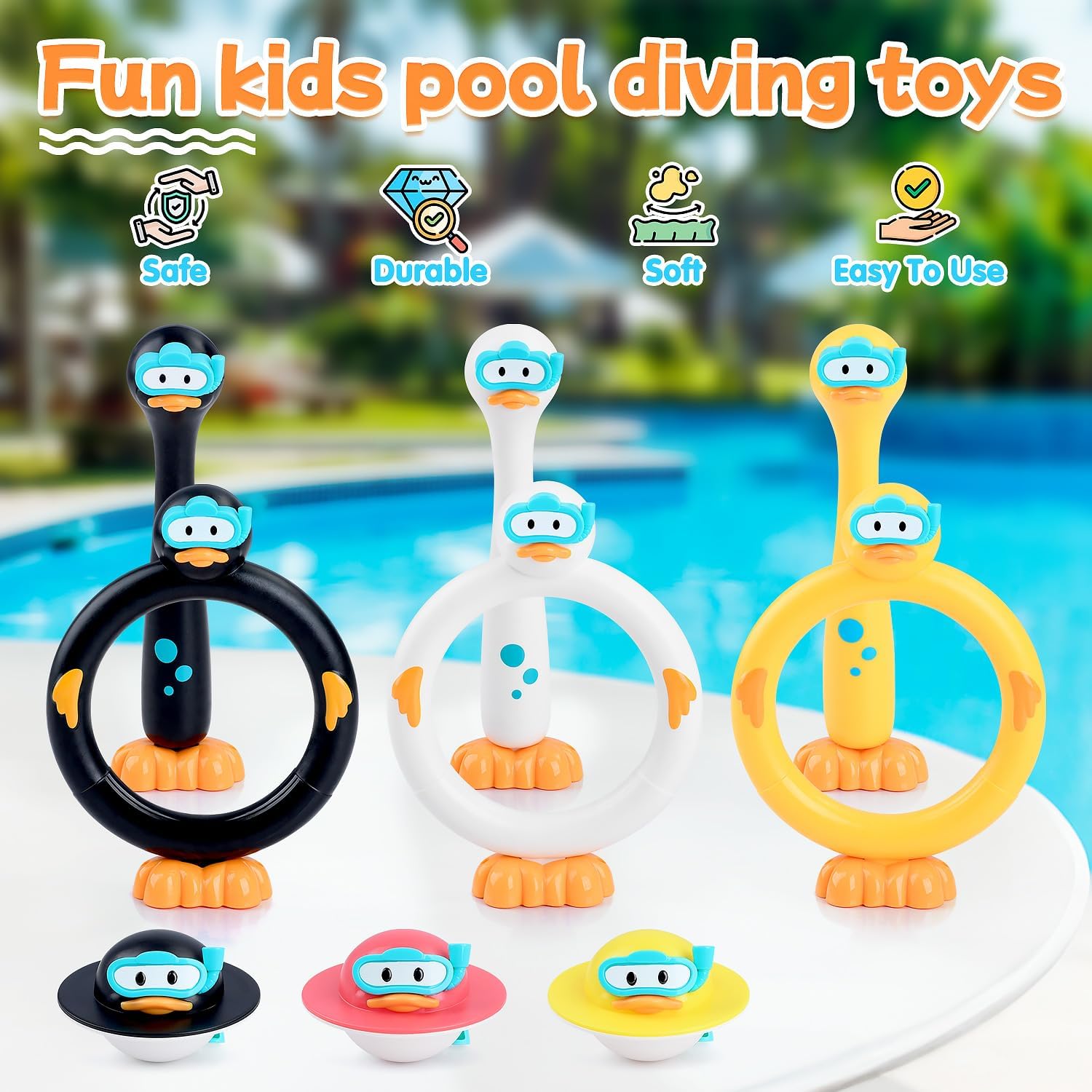 Pool Diving Toys for Kids, 9 PCS Swimming Pool Diving Rings, Summer Duck Dive Sticks with Duck Float Toys for Kids