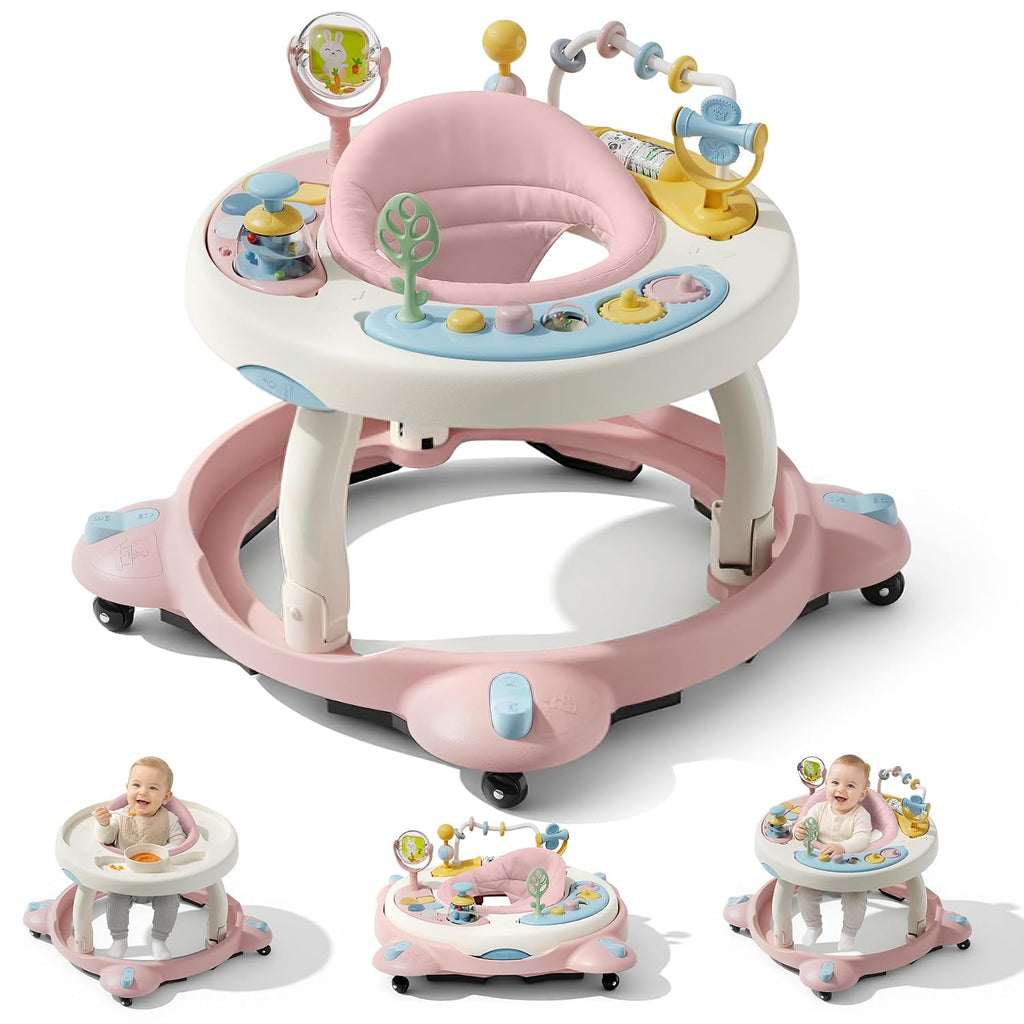 Baby Walker with Wheels, Foldable Baby Walker for Baby 6-12 Months, 3-Position Rotating Seat with Interactive