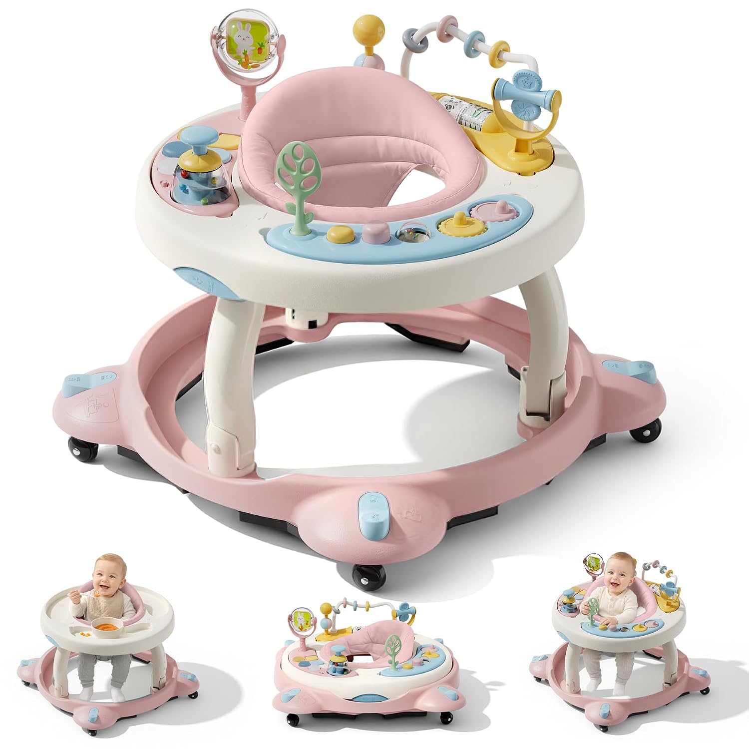 Baby Walker with Wheels, Foldable Baby Walker for Baby 6-12 Months, 3-Position Rotating Seat with Interactive