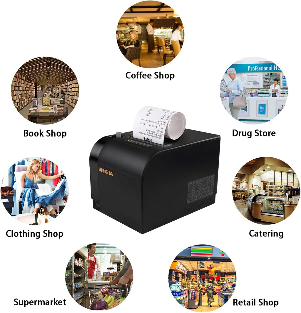 80mm Thermal POS Receipt Printer Black | 3 1/8 inch Pos Printer with Auto Cutter, USB, Serial, Ethernet