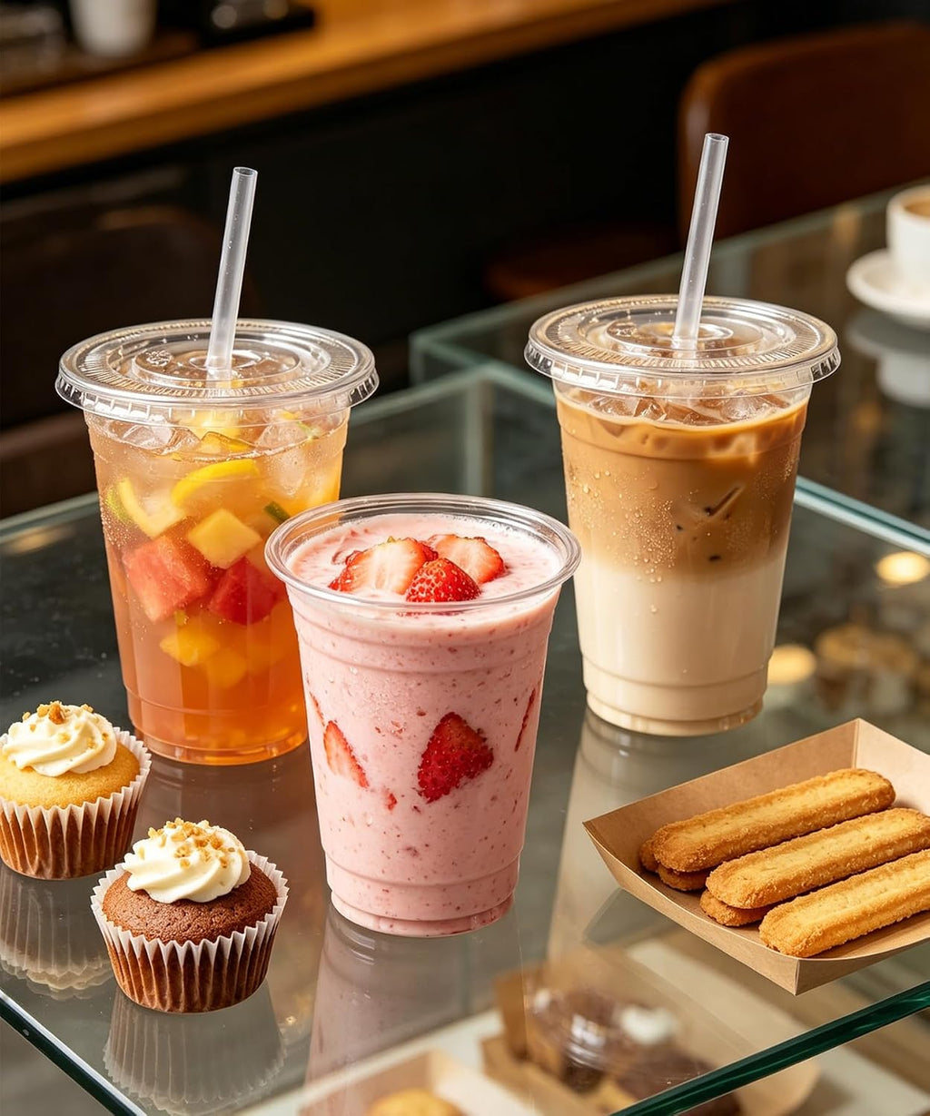 50 Pack 16 oz Clear Plastic Cups with Lids and Straws