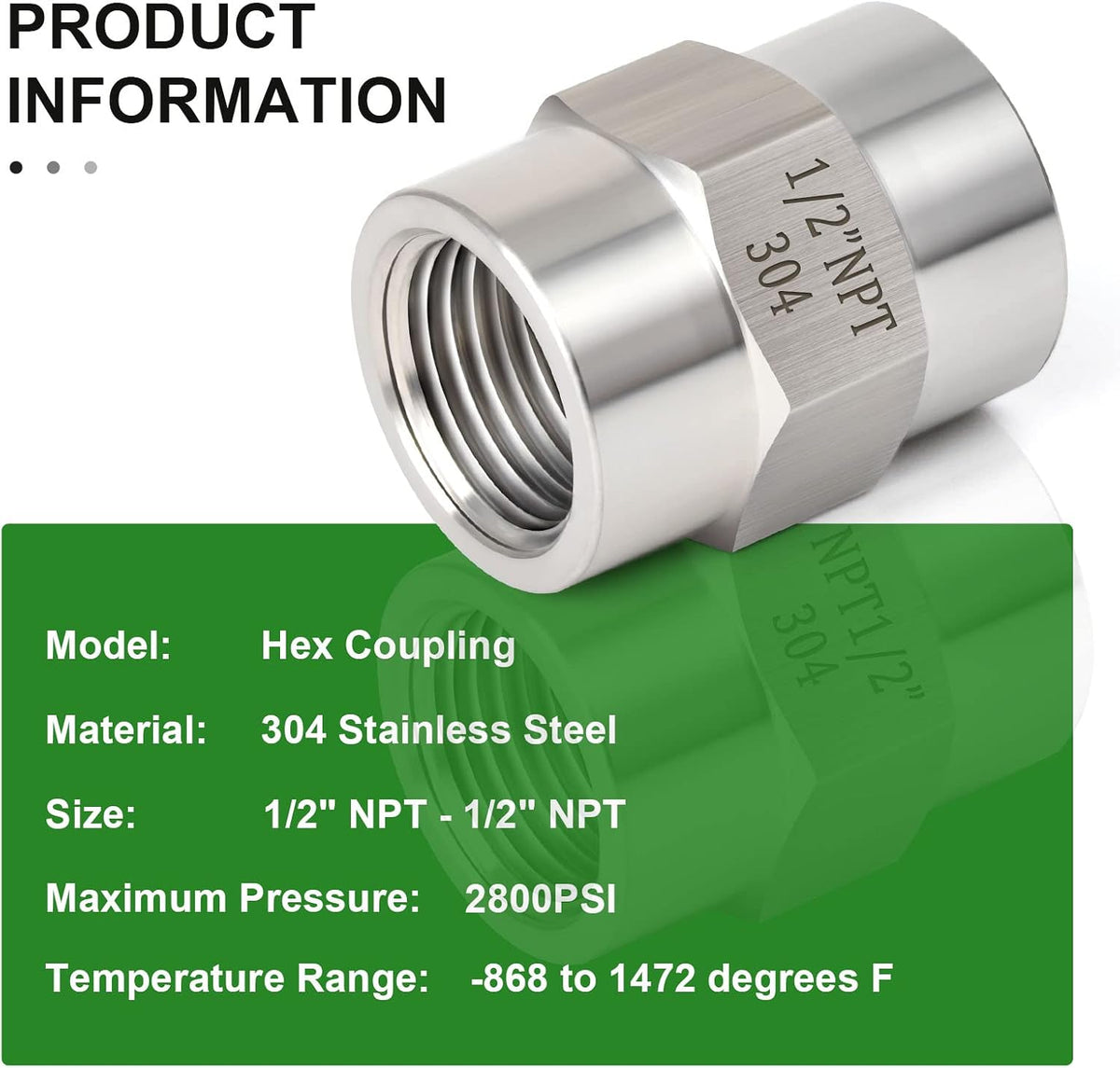 TAISHER 5PCS Forging of 304 SS Hex Coupling,1/2" NPT Female Pipe Fitting