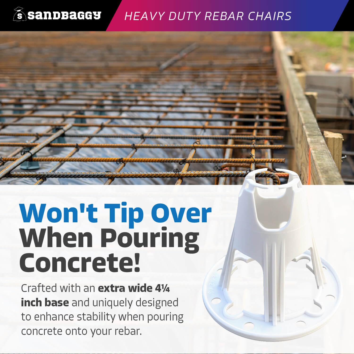 Plastic Rebar Chairs - Elevates 2-1/2" or 3" - Concrete Chair Supports Rebar #3 to #5 and Steel Wire Mesh (100, 2.5"