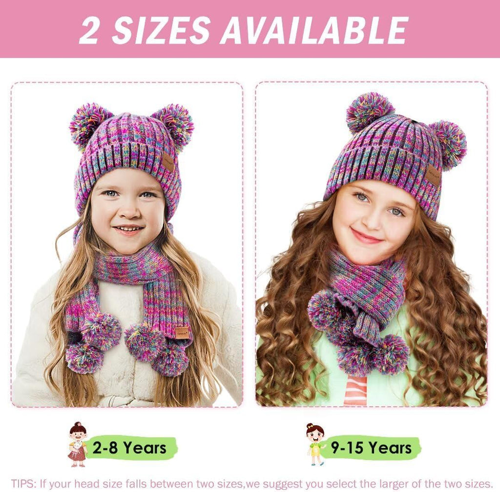 Kids Winter Hat Gloves Scarf Set, Girls Toddler Children Beanie with Pom Knit Neck Warmer Gaiter Mittens Fleece Lined