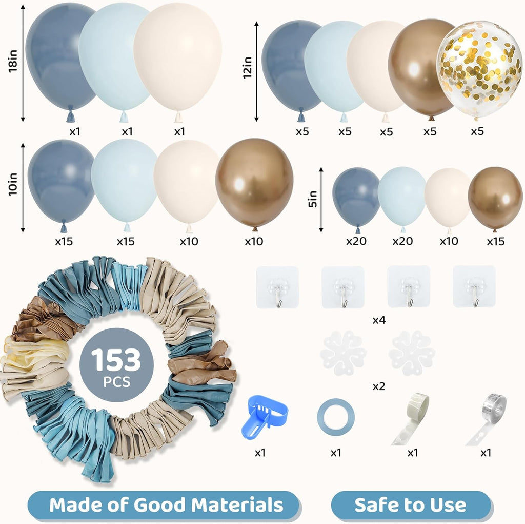 153pcs Dusty Blue Balloon Garland Arch Kit, Different Sizes 18 12 10 5 inch Blue White Sand Latex Metallic Confetti