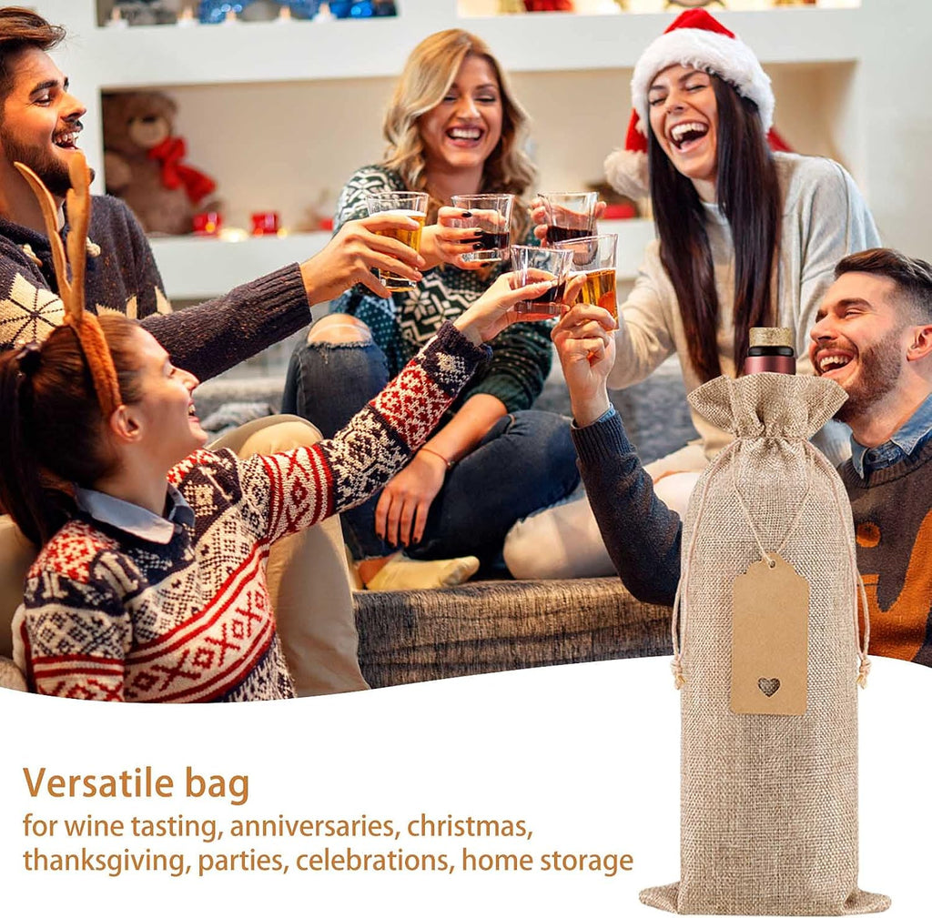 12Pcs Premium Burlap Wine Bags and 12Pcs Gift Tags, Reusable Wine Gift Bags with Drawstrings, Wine Bottle Bags, Wine