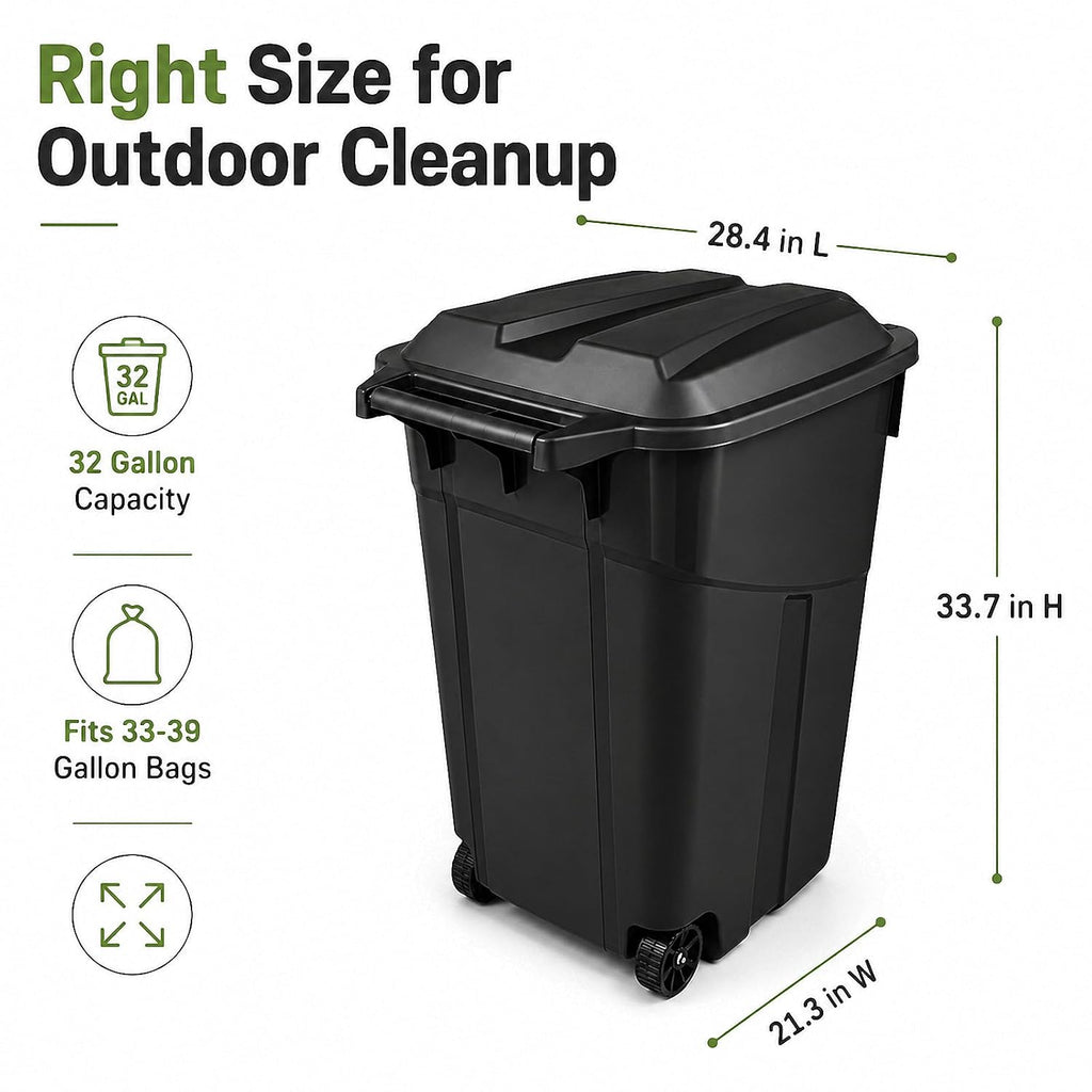 32 Gallon Wheeled Outdoor Trash Can Heavy Duty Garbage Bin with Lid | Secure snap lock lid and rugged wheels for