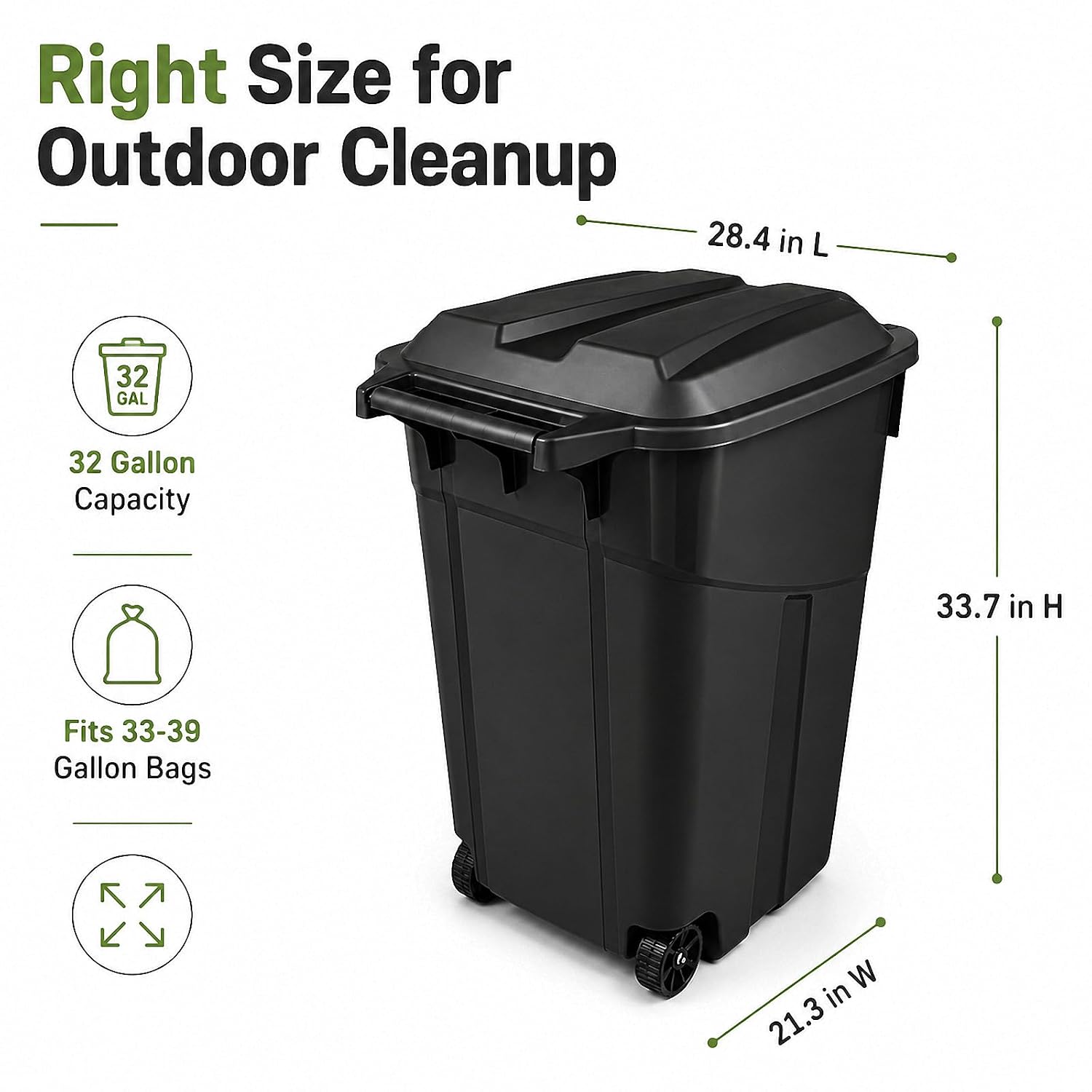 32 Gallon Wheeled Outdoor Trash Can Heavy Duty Garbage Bin with Lid | Secure snap lock lid and rugged wheels for
