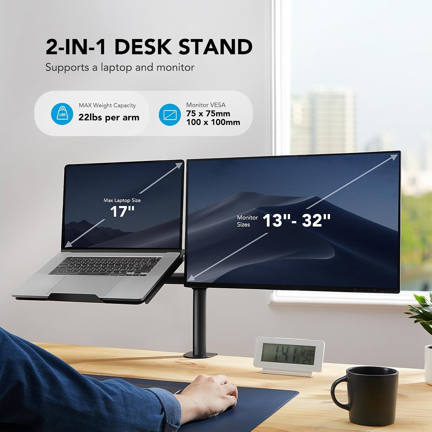 Adjustable Monitor Arm with Laptop Tray, Single Desk Mount for 13-32" VESA Monitors up to 22 lbs, 14" x 12" Laptop Tray