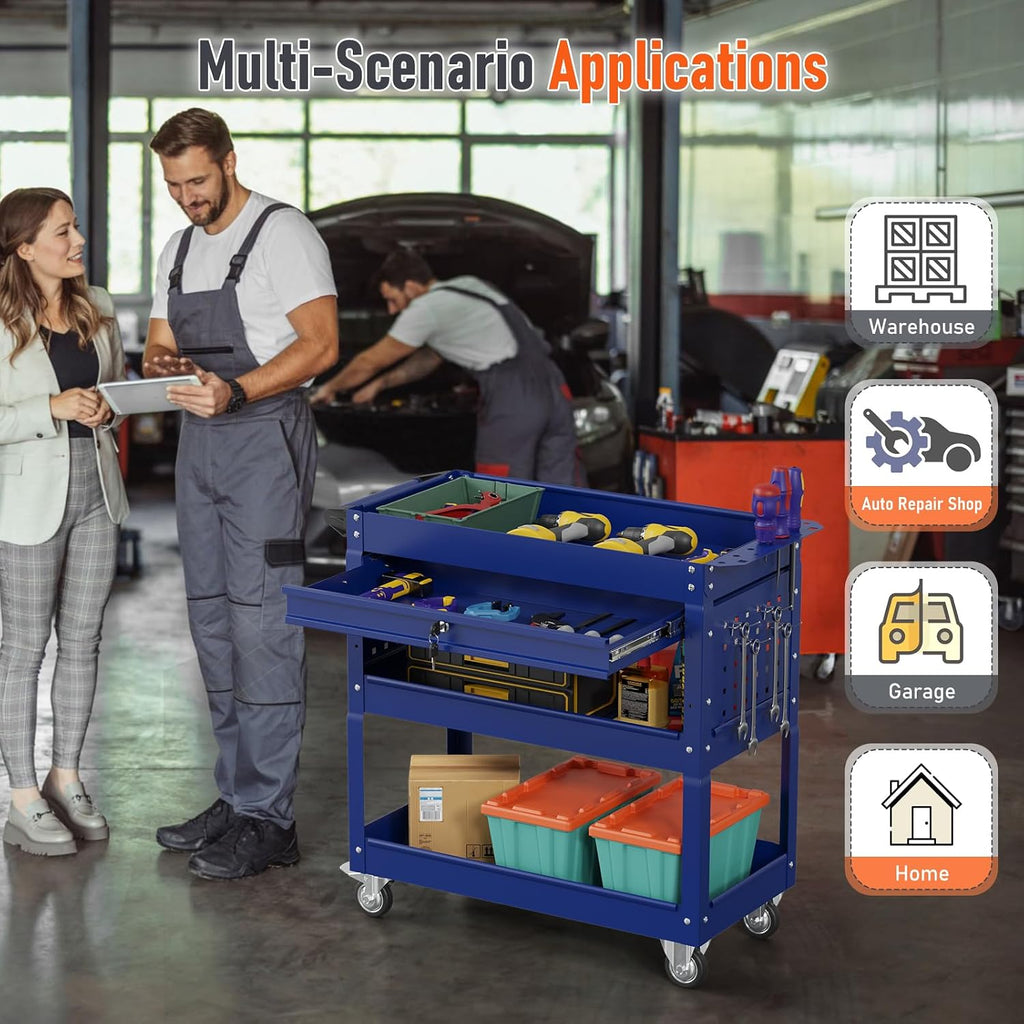 3 Tier Rolling Tool Cart with Drawers 400 LBS, Blue | Heavy Duty, Wheels for Mobility, Garage & Warehouse Use