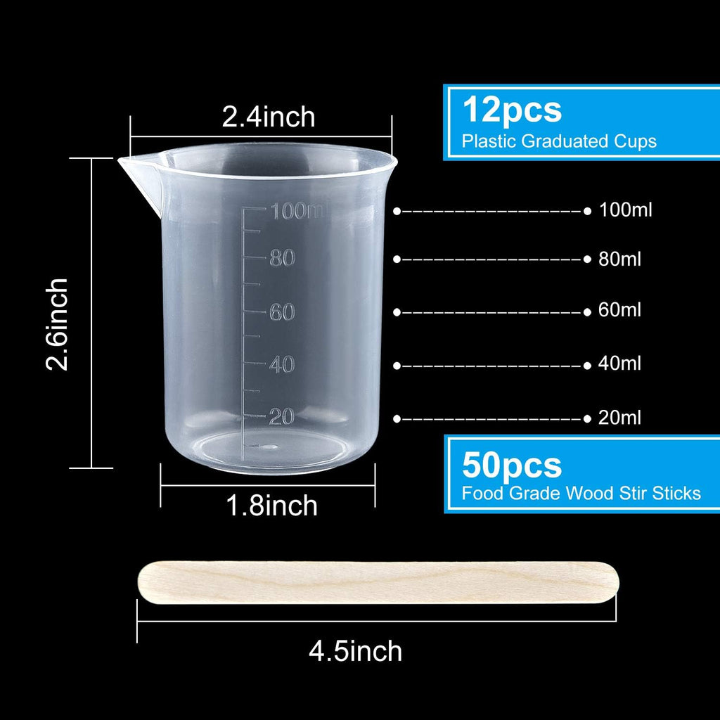 12 Pack 100ml/3.4oz Plastic Beakers Epoxy Mixing Cups, Plastic Graduated Cups Clear Multipurpose Measuring Cups with