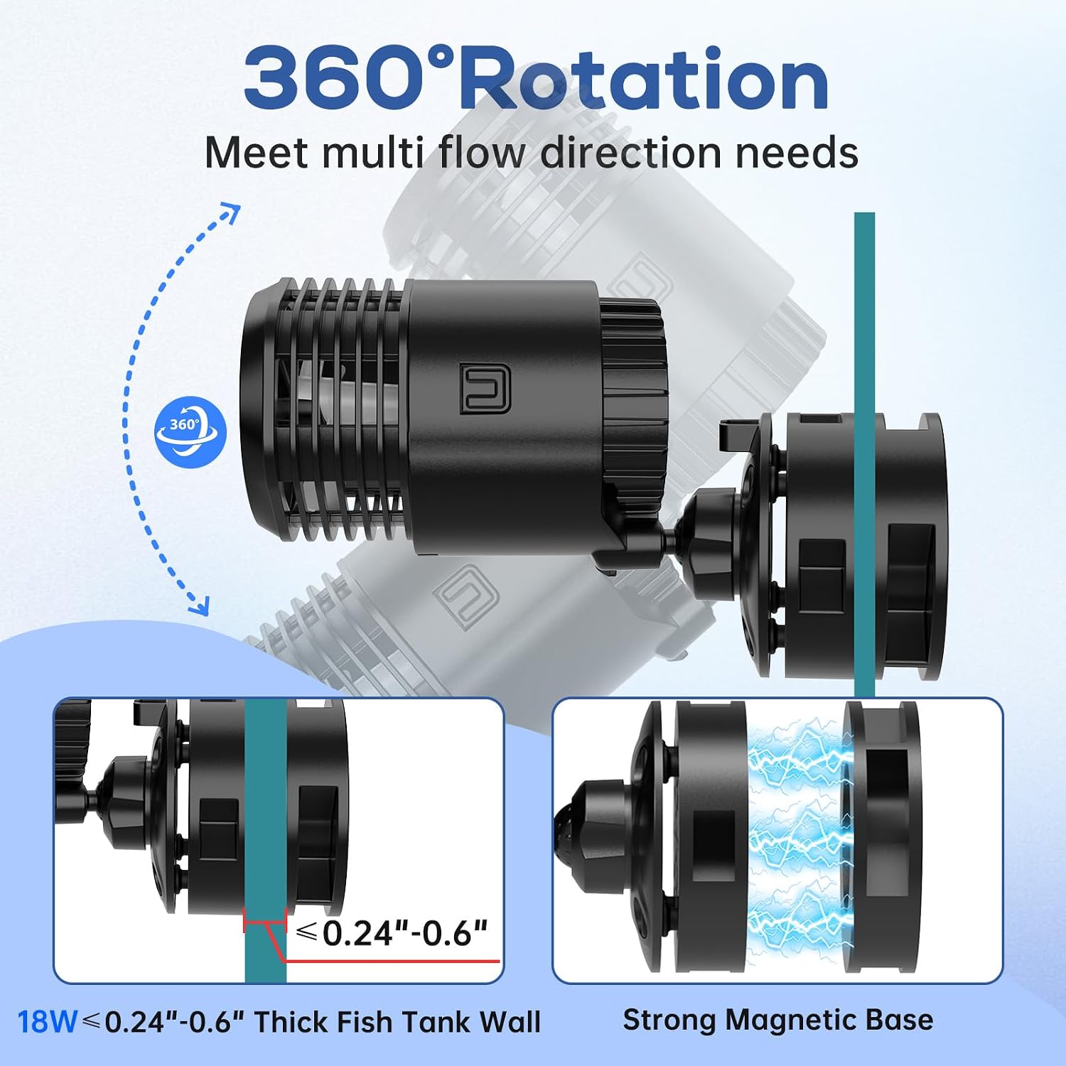 Aquarium Wave Maker 18W 2500GPH Submersible Water Circulation Pump with Magnetic Base, Quiet Rotating Powerhead for