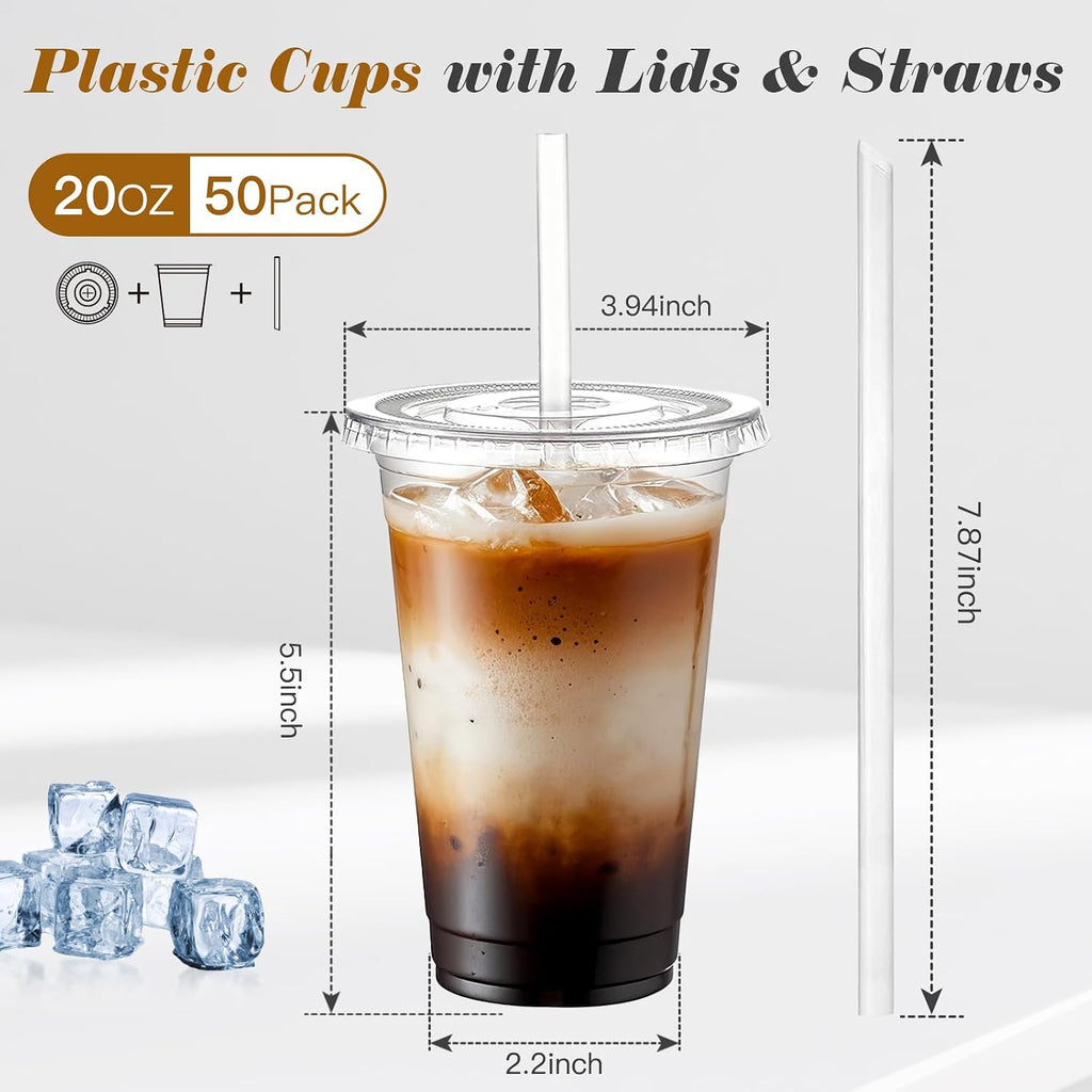 50 Pack 20 oz Plastic Iced Coffee Cups with Lids and Straws