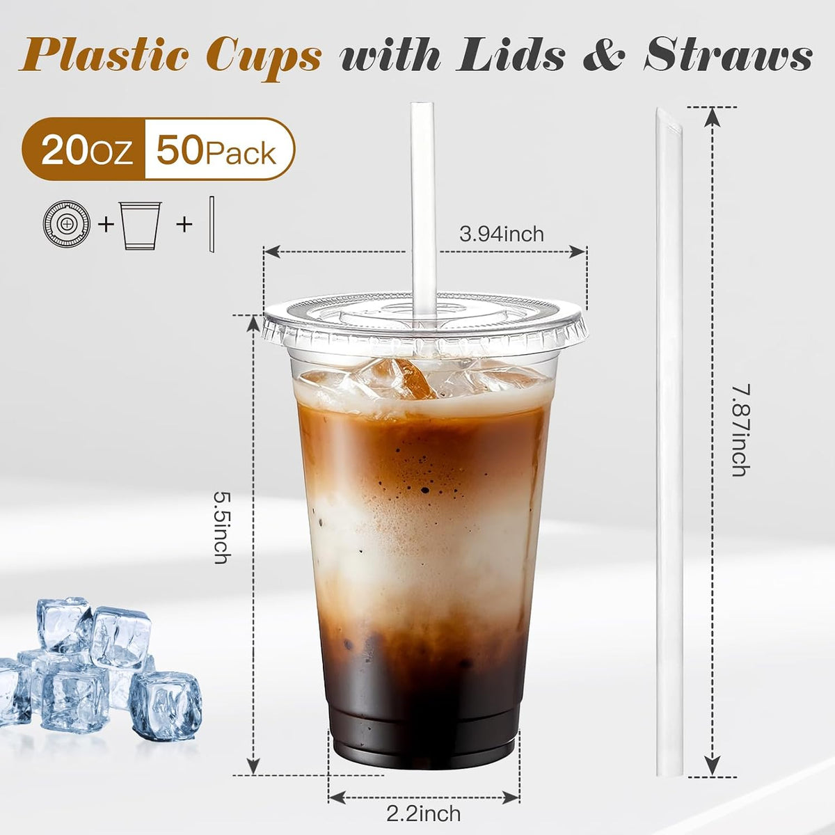 50 Pack 20 oz Plastic Iced Coffee Cups with Lids and Straws