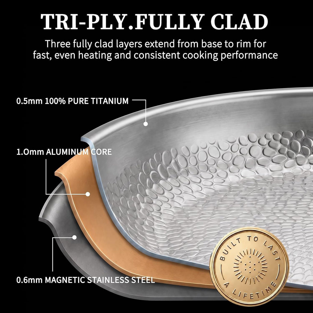 12" Titanium Pans for Cooking with Lid, Pure Titanium Frying Pan Pro