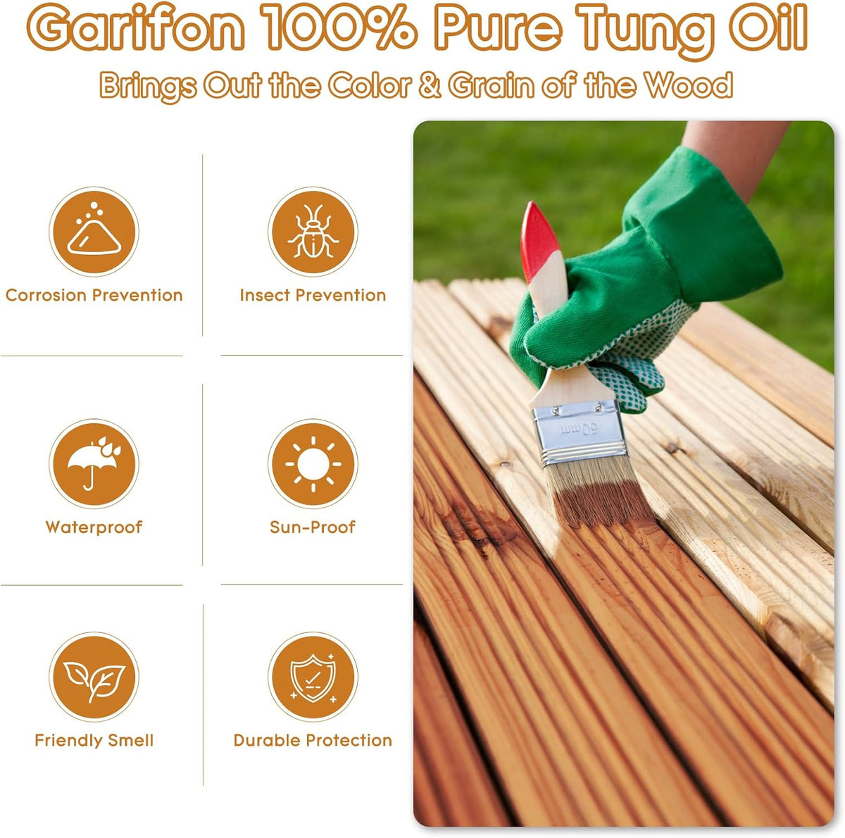 10 OZ Pure Tung Oil for Wood Outdoor/Indoor, Food Grade Sealer