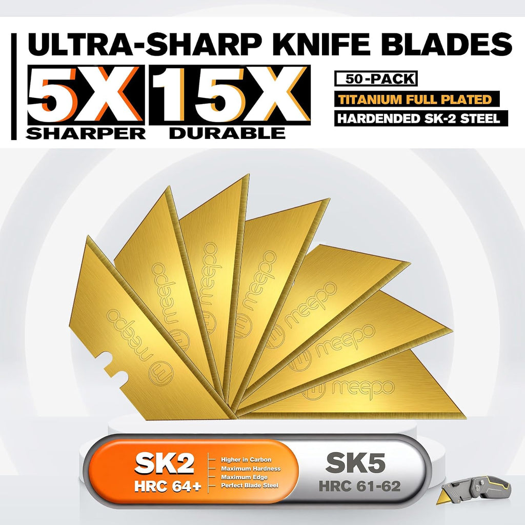 Utility Knife Blades, Never Rust, Titanium SK-2 Steel, 50-Pack