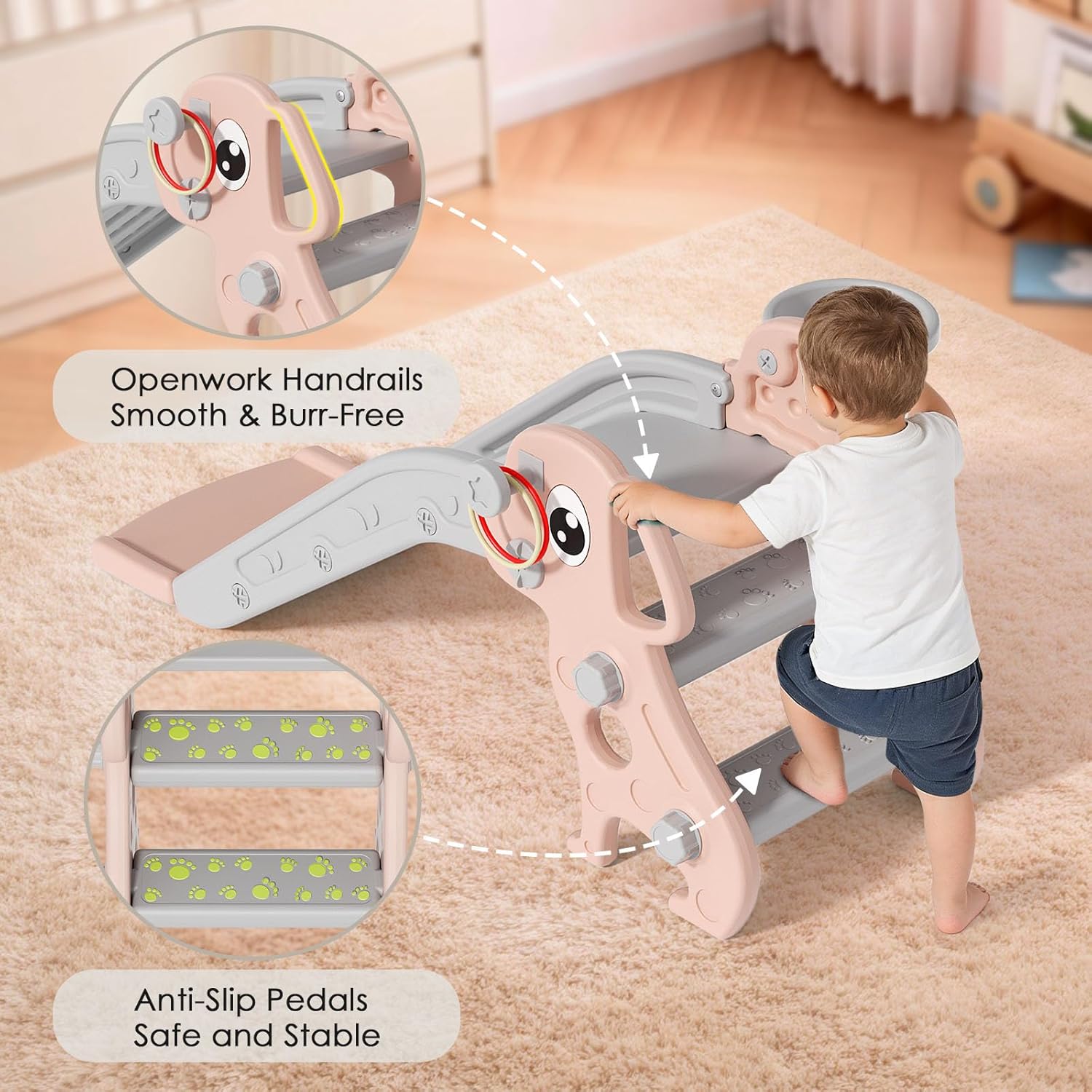 Toddler Slide, 4 in 1 Kids Slide for Indoor Outdoor, Slide with Basketball Hoop & Ring Toss, Puppy Shaped Playset for