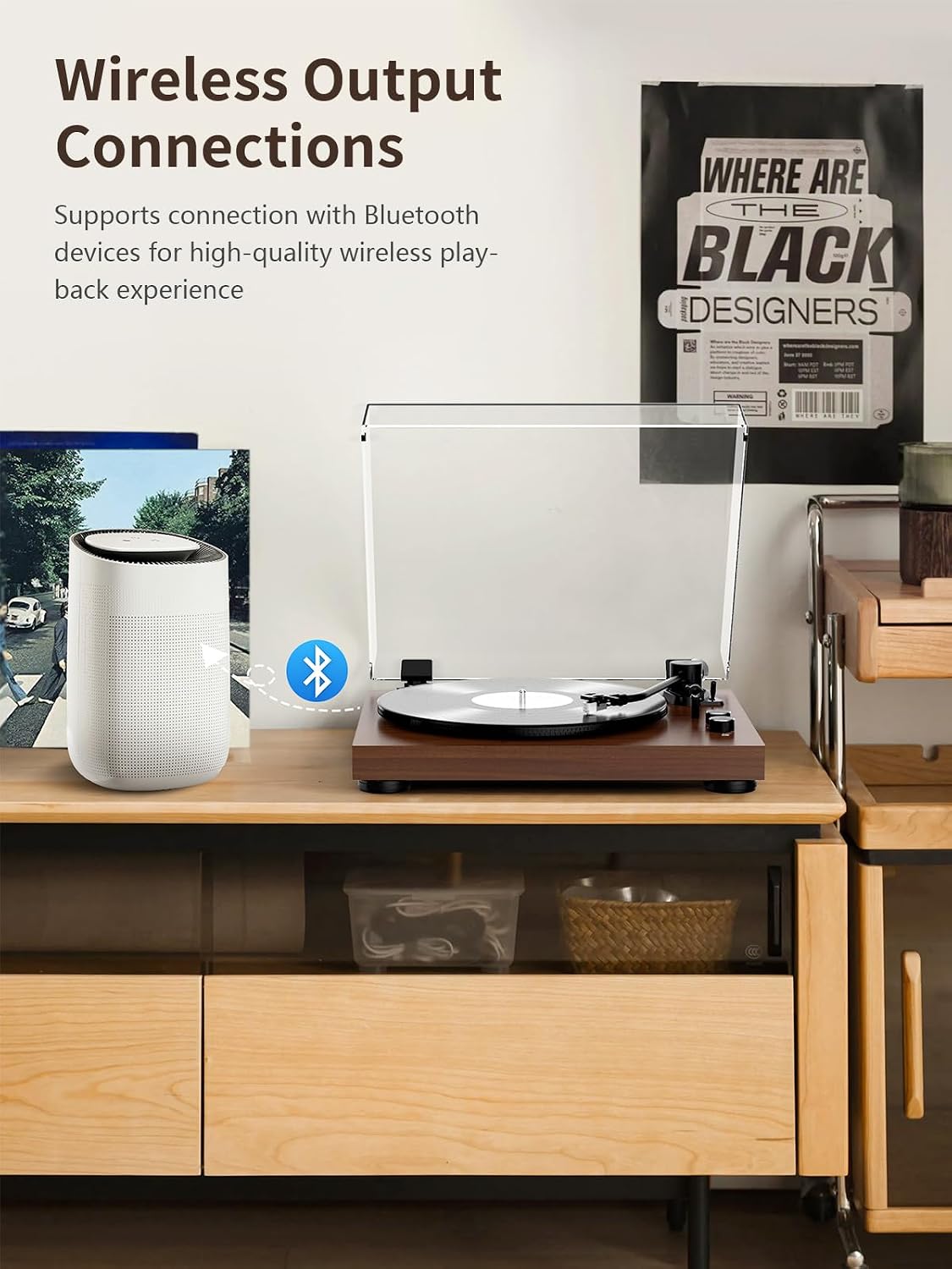 Vinyl Record Player Belt Drive 2-Speed Playback Turntable Bluetooth Wireless Output Connectivity Record Player with
