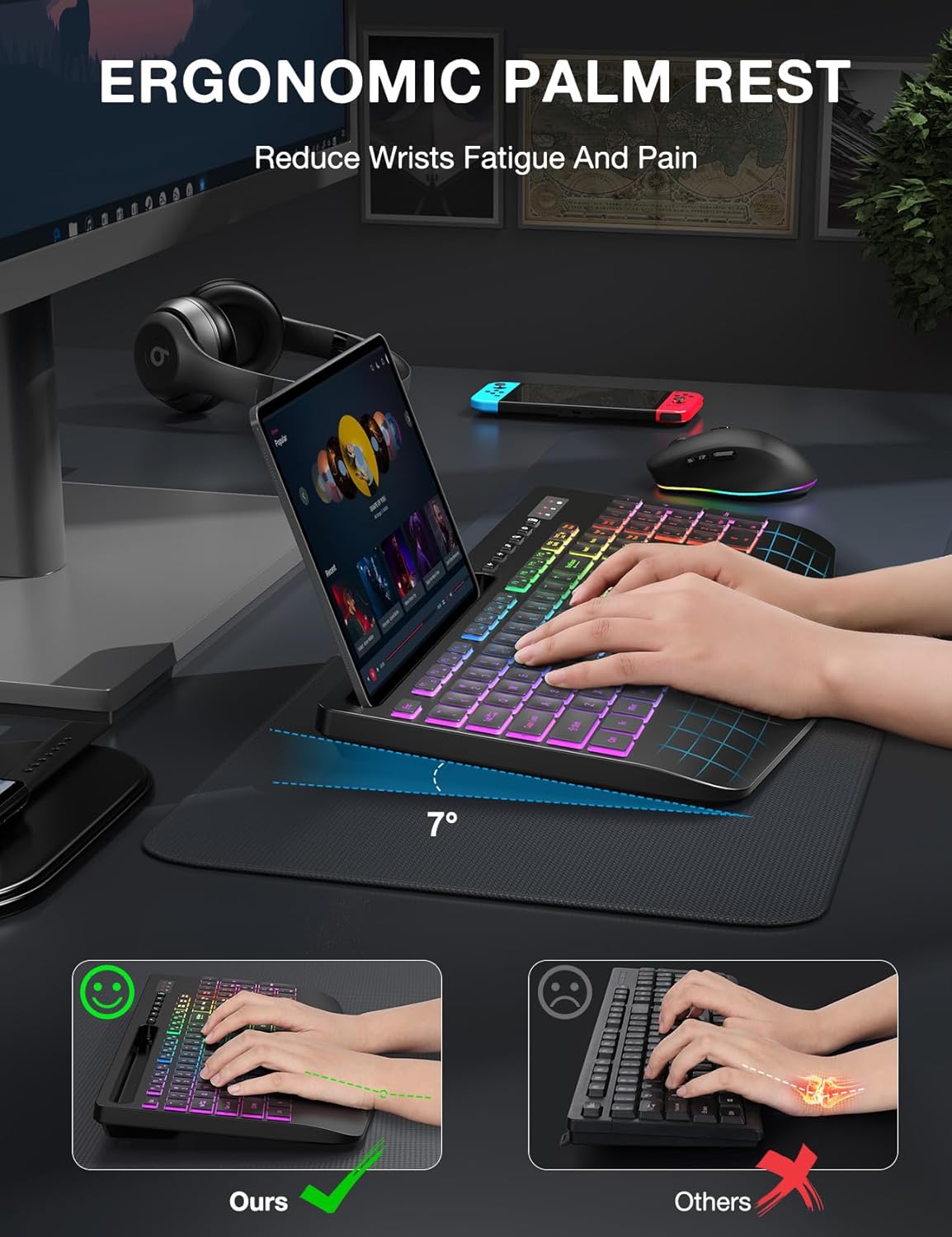 Wireless Keyboard and Mouse Combo - 9 Backlit Effects, 2.4GHz | Ergo Wrist Rest, Phone Holder, Full Size